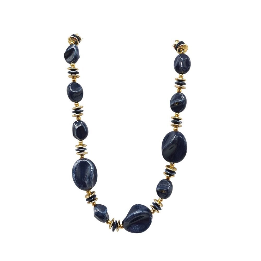 Vintage Blue Gold Acrylic Beaded 1980s Necklace